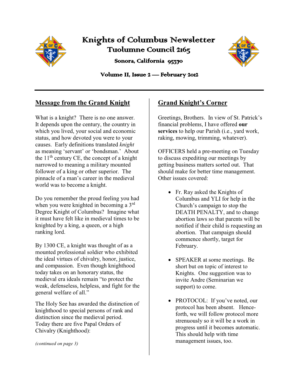 Knights of Columbus Newsletter, Council 2165