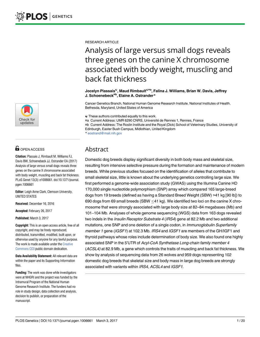 Analysis of Large Versus Small Dogs Reveals Three Genes on the Canine X Chromosome Associated with Body Weight, Muscling and Back Fat Thickness