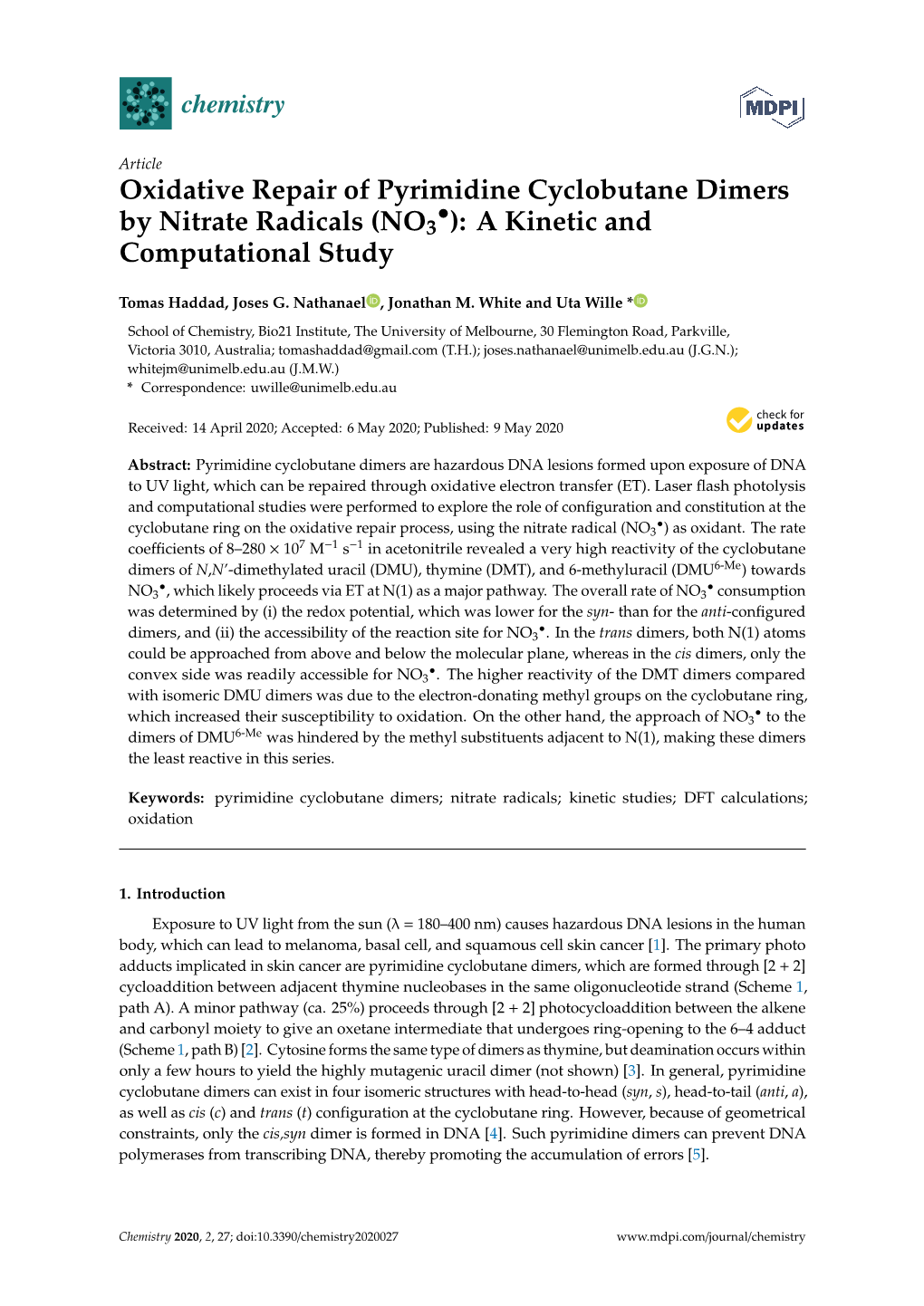 Oxidative Repair of Pyrimidine Cyclobutane Dimers by Nitrate