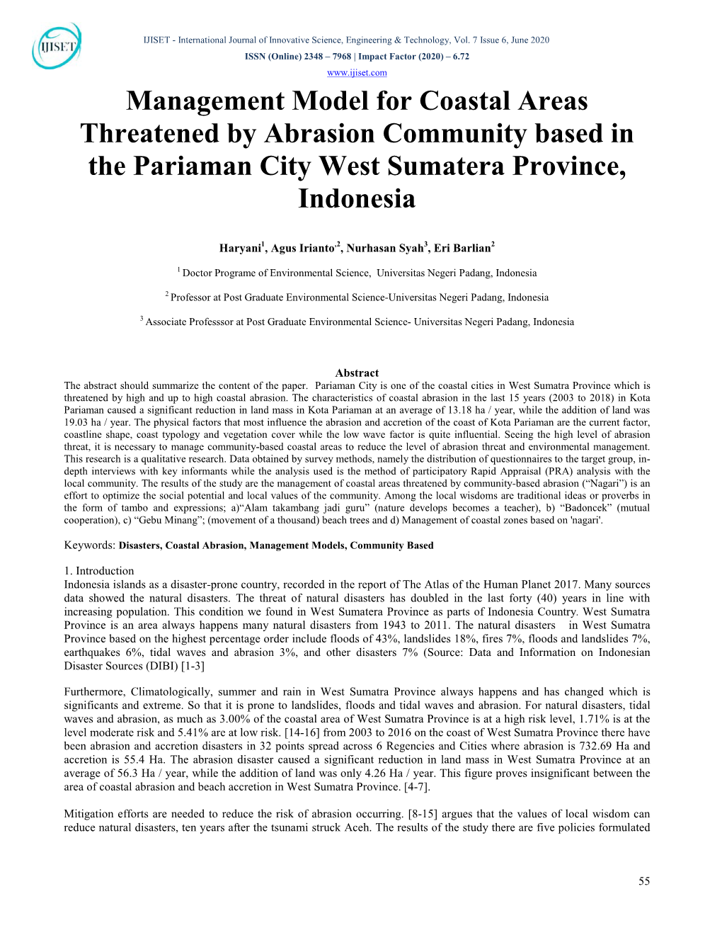 Management Model for Coastal Areas Threatened by Abrasion Community Based in the Pariaman City West Sumatera Province, Indonesia
