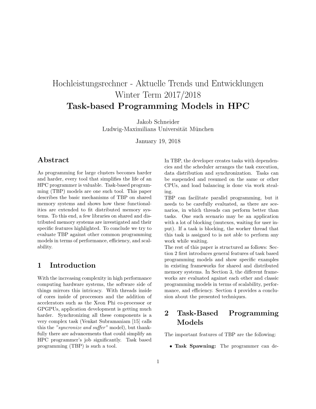Hochleistungsrechner - Aktuelle Trends Und Entwicklungen Winter Term 2017/2018 Task-Based Programming Models in HPC