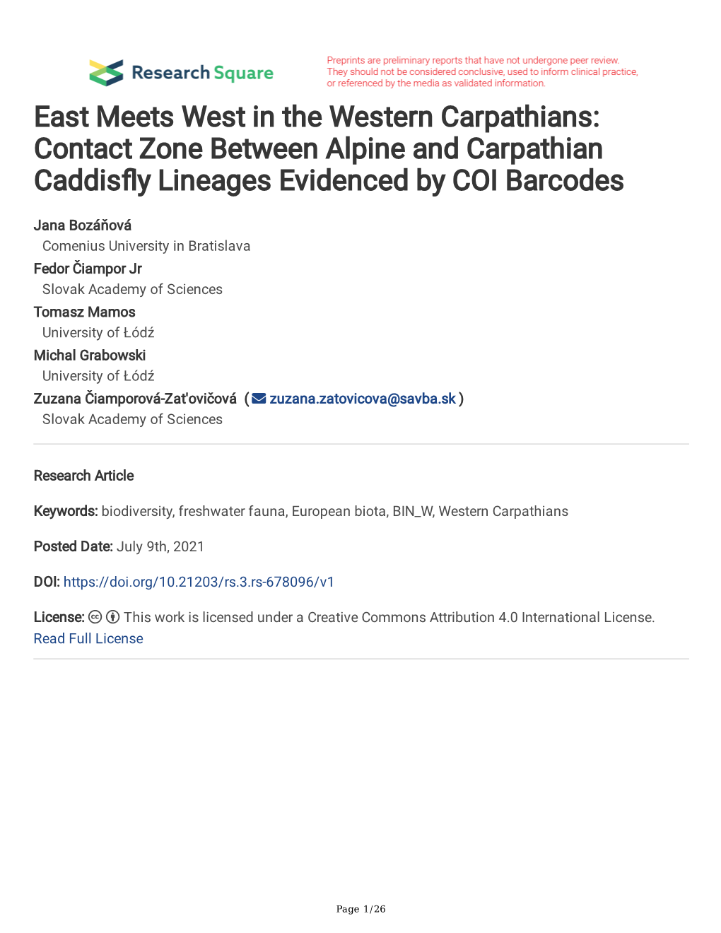 Contact Zone Between Alpine and Carpathian Caddisfy Lineages Evidenced by COI Barcodes