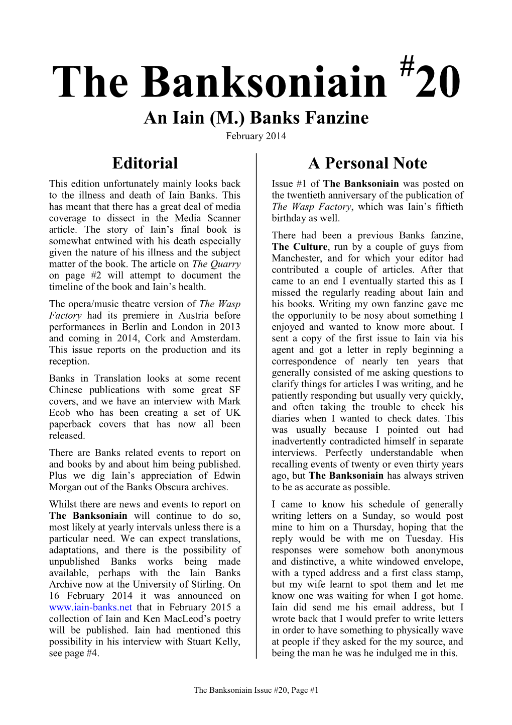 The Banksoniain # 20 an Iain (M.) Banks Fanzine