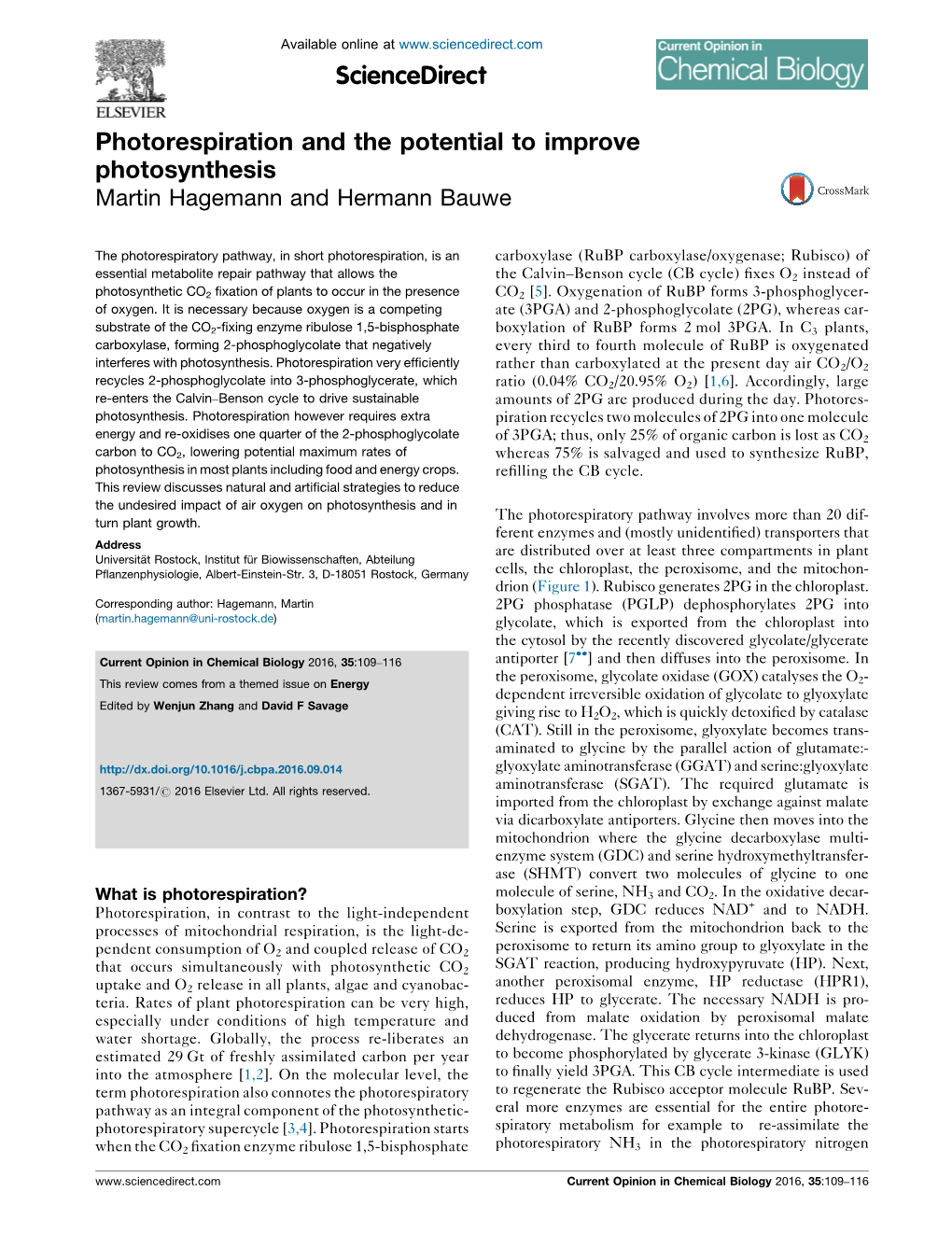 Photorespiration and the Potential to Improve Photosynthesis Hagemann and Bauwe 111