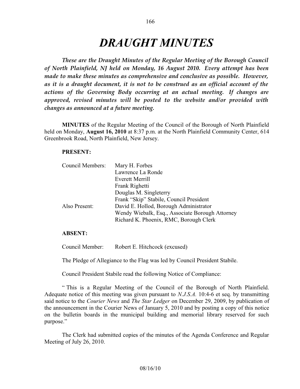 MINUTES of the Regular Meeting of the Council of the Borough of North Plainfield Held On s2