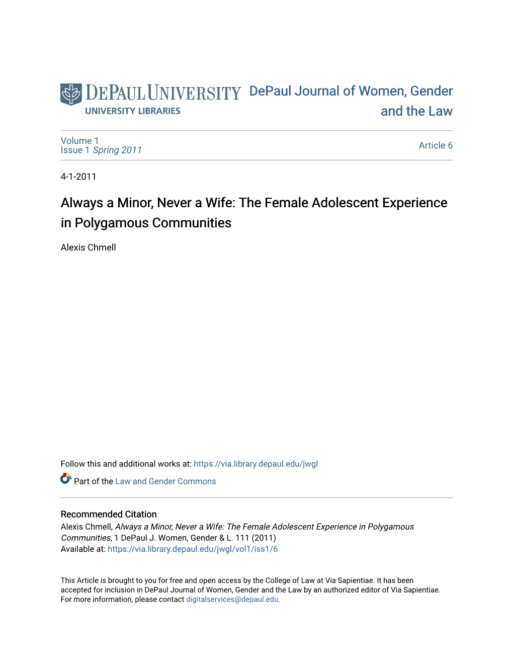 The Female Adolescent Experience in Polygamous Communities