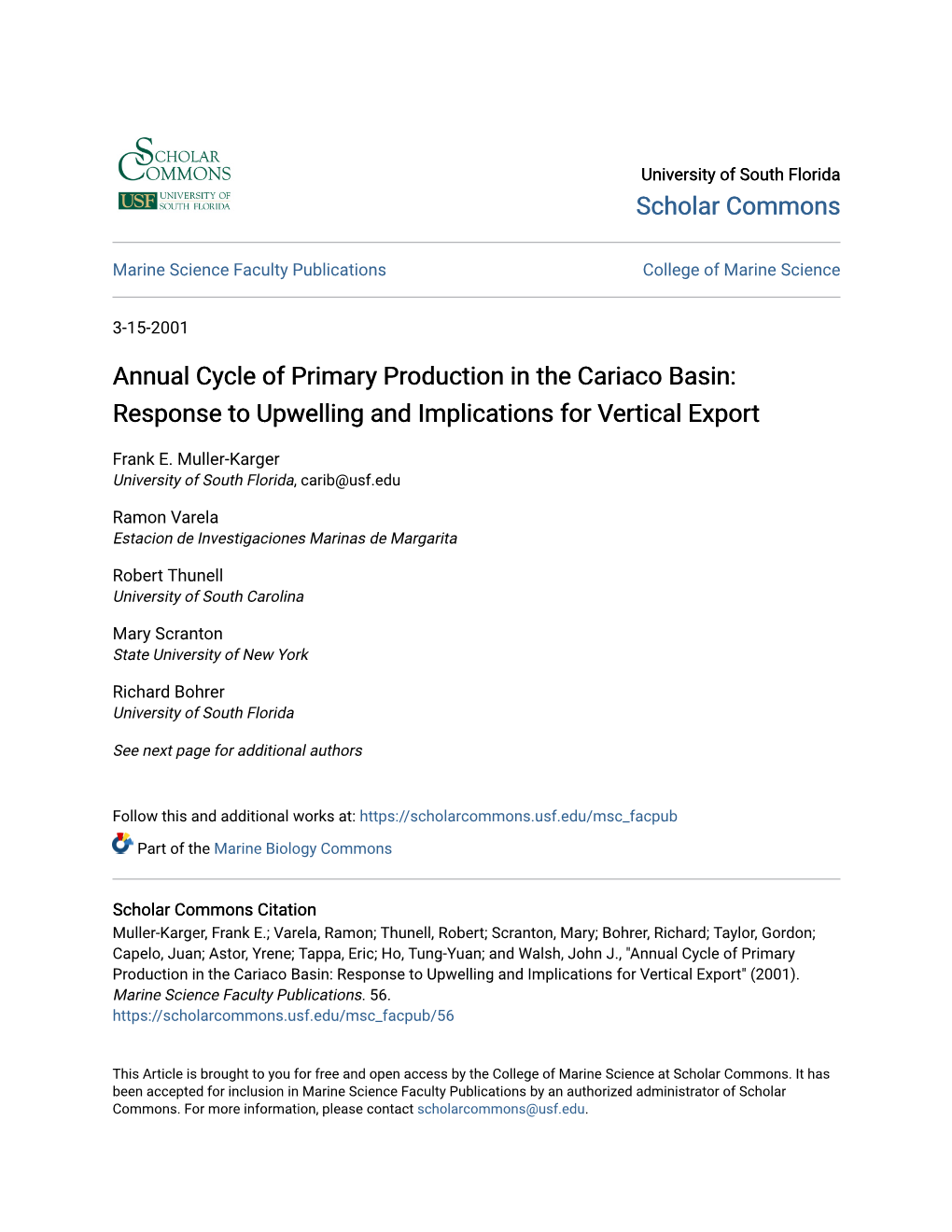 Annual Cycle of Primary Production in the Cariaco Basin: Response to Upwelling and Implications for Vertical Export