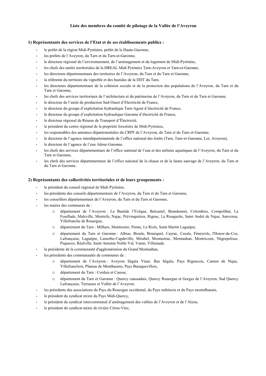 Liste Des Membres Du Comité De Pilotage De La Vallée De L'aveyron 1