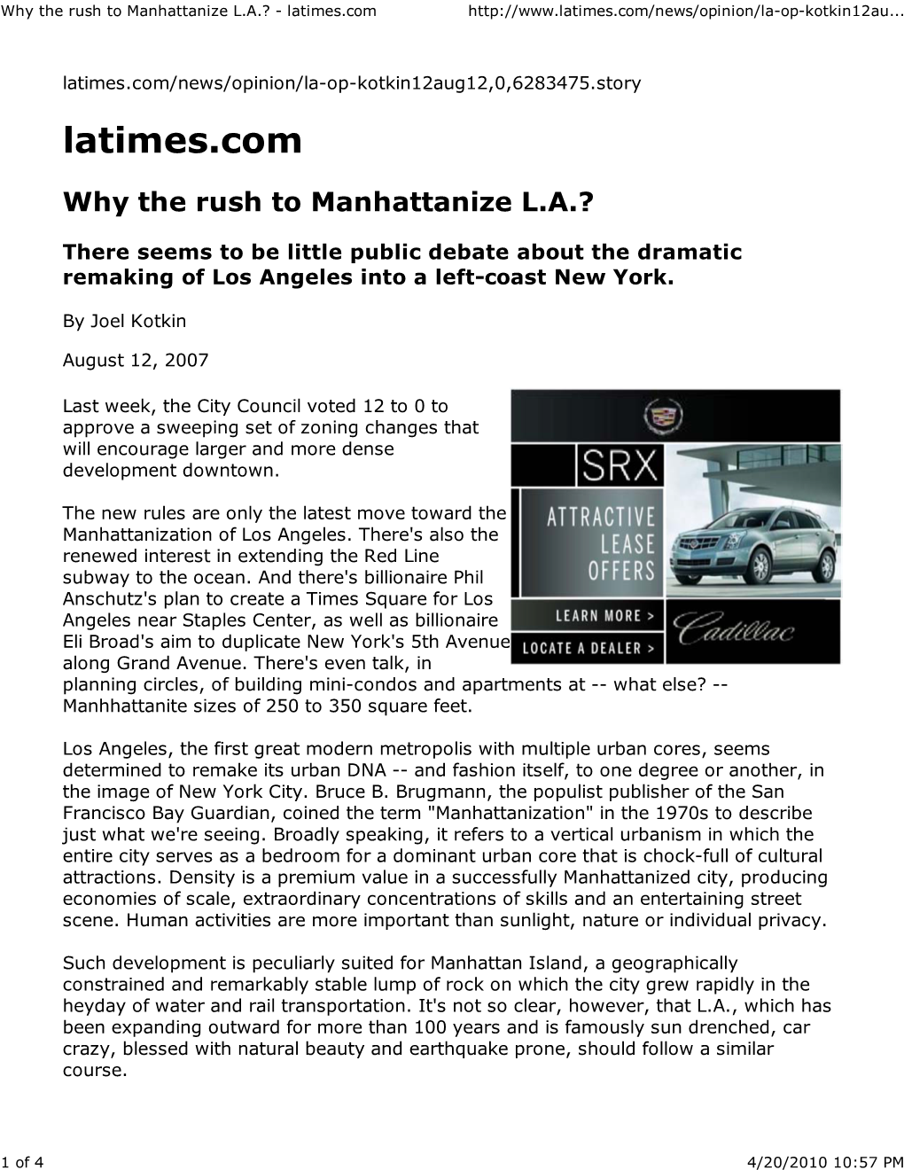 Why the Rush to Manhattanize L.A.? - Latimes.Com
