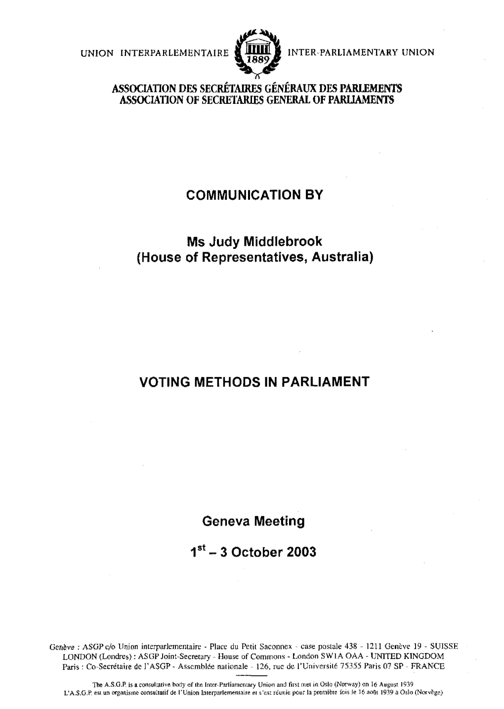 Voting Methods in Parliament: Judy Middlebrook