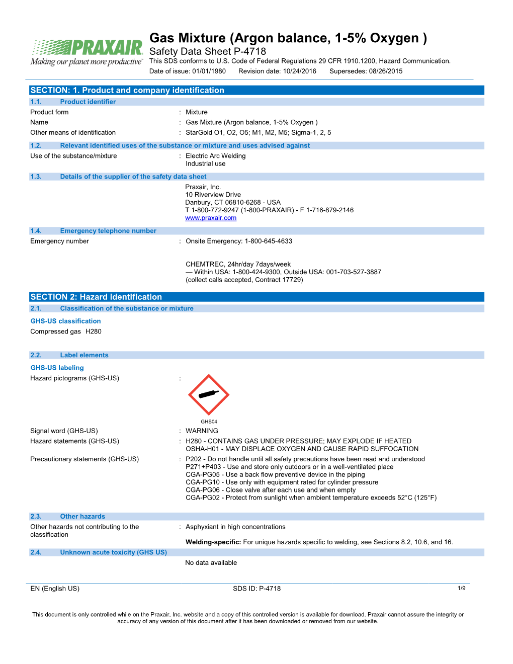 (Argon Balance, 1-5% Oxygen) Safety Data Sheet SDS P4718