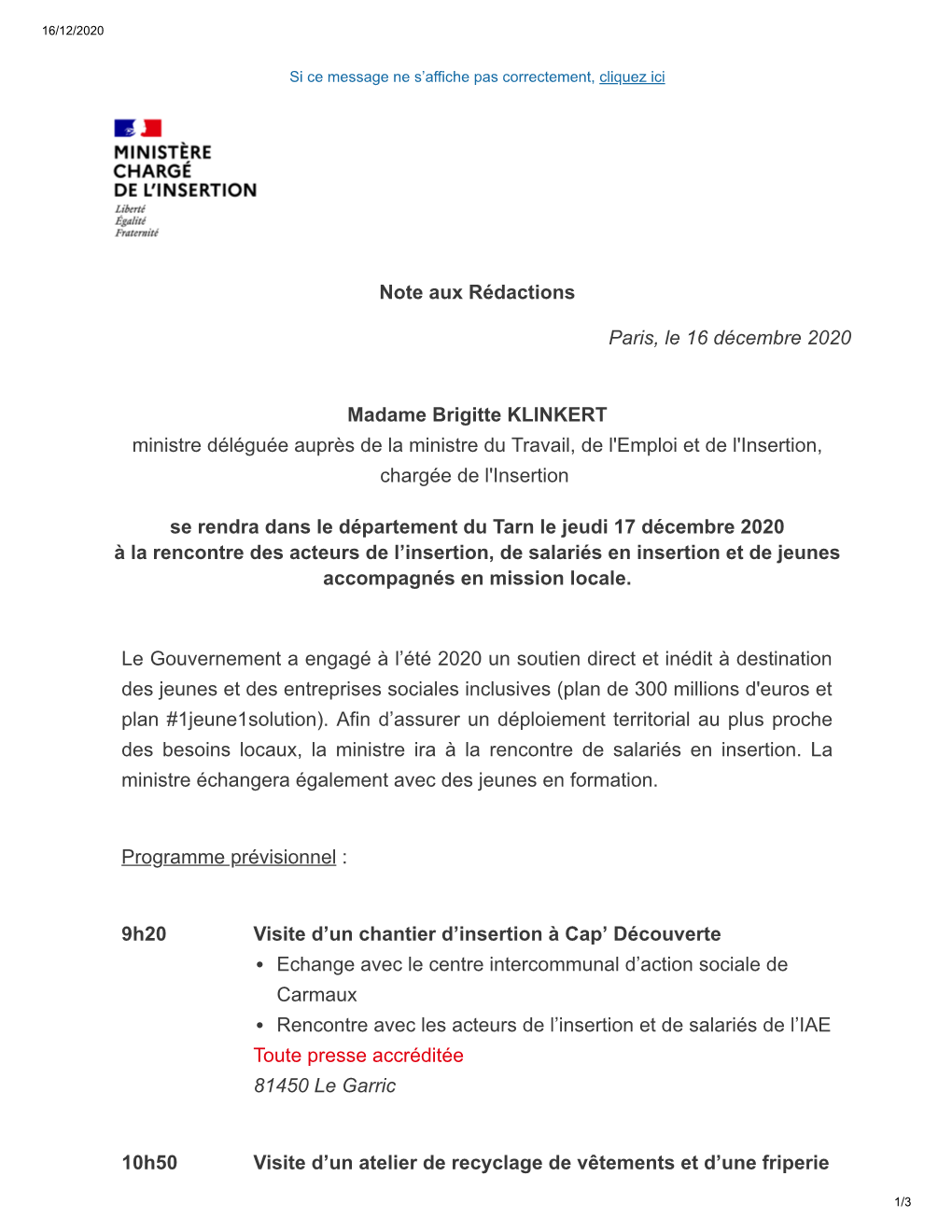 Note Aux Rédactions Paris, Le 16 Décembre 2020 Madame Brigitte