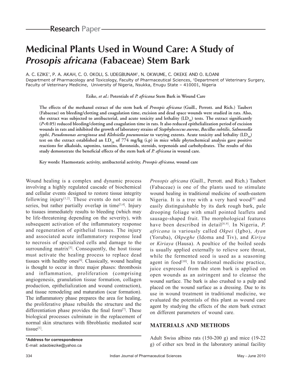 Medicinal Plants Used in Wound Care: a Study of Prosopis Africana (Fabaceae) Stem Bark