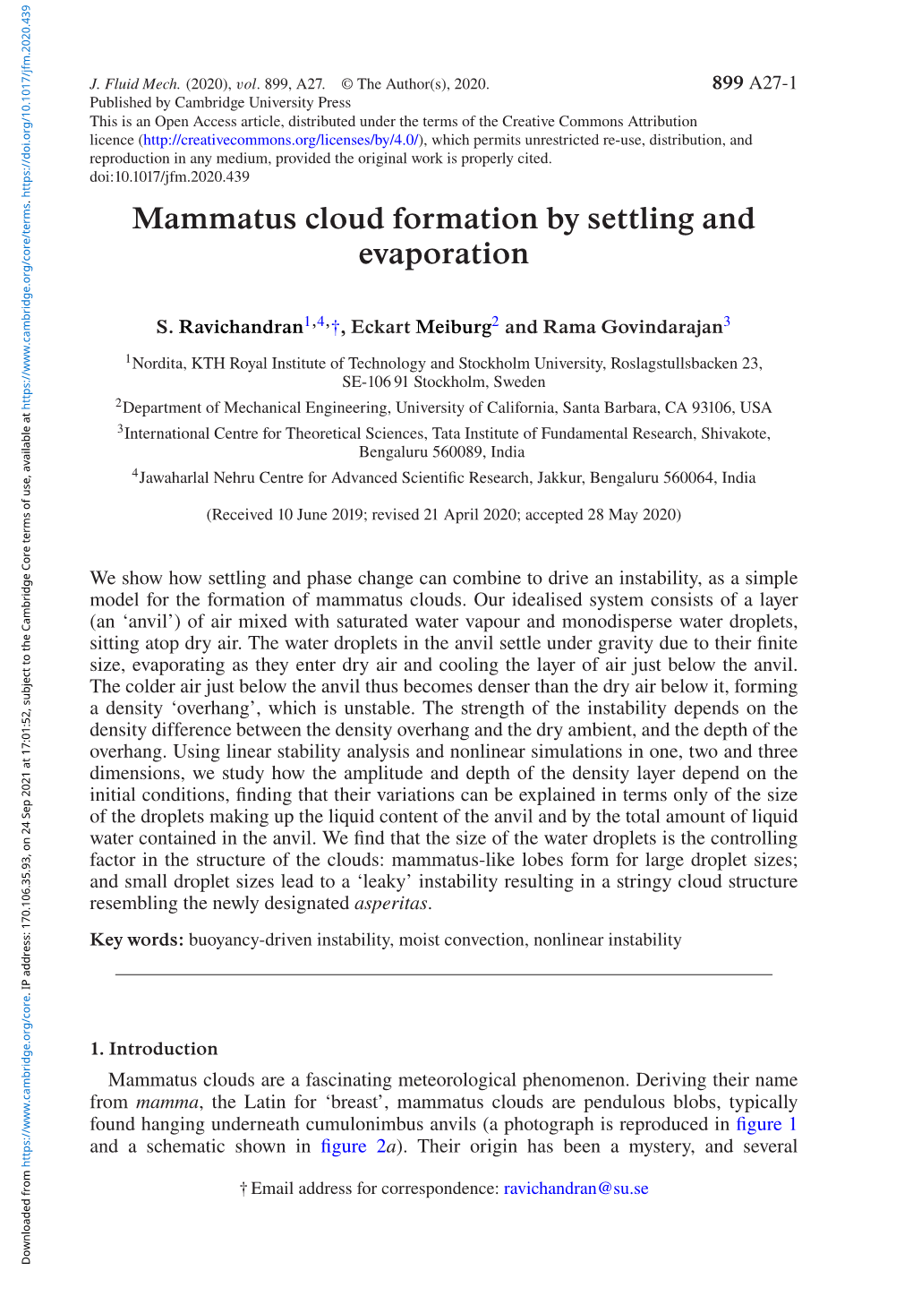 Mammatus Cloud Formation by Settling and Evaporation