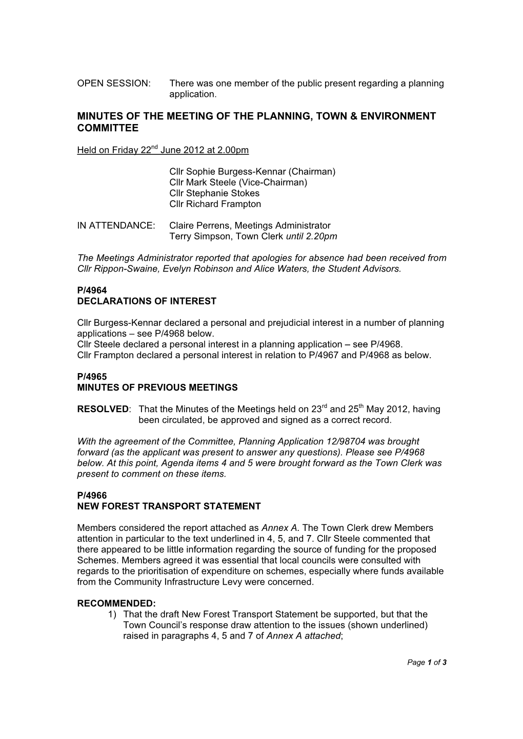 Minutes of the Meeting of the Planning, Town & Environment Committee