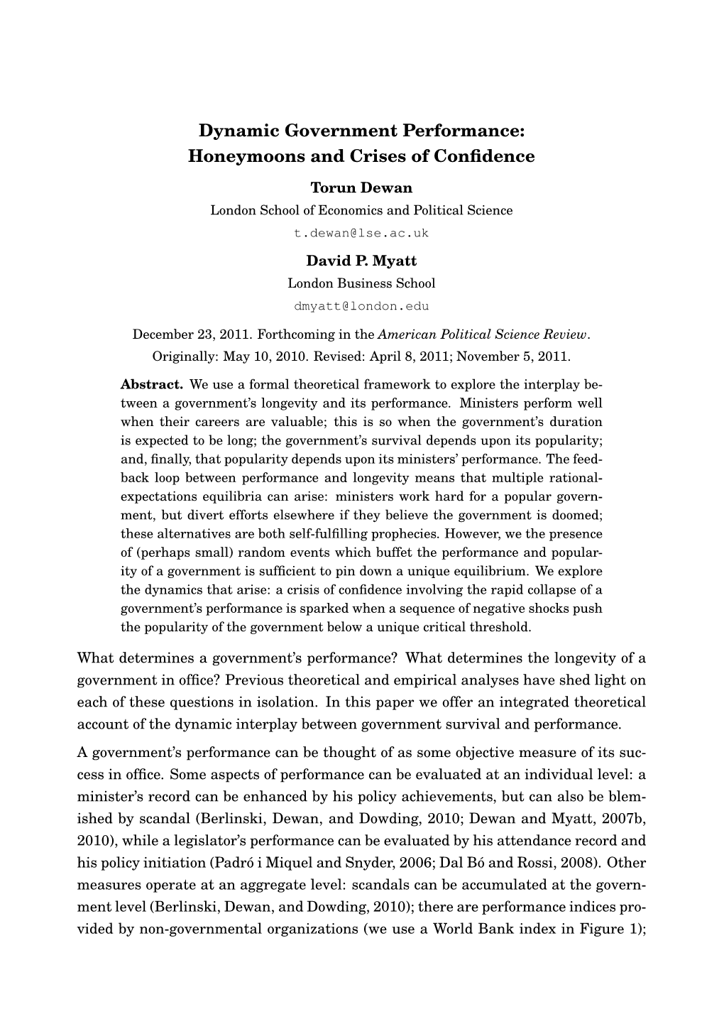 Dynamic Government Performance: Honeymoons and Crises of Conﬁdence