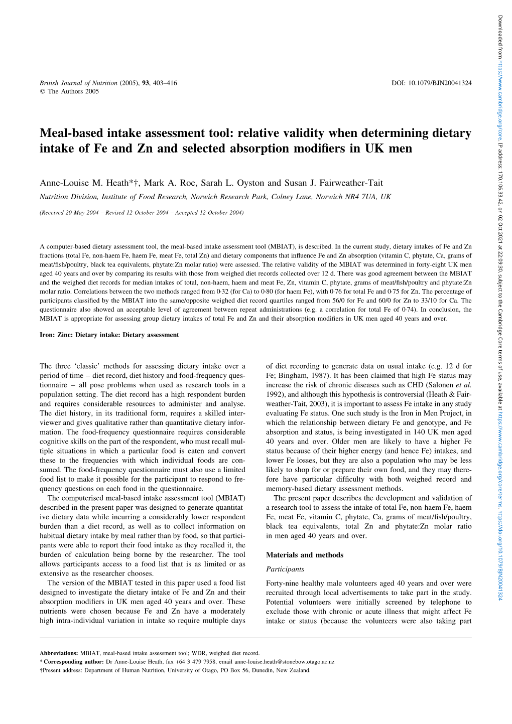 Meal-Based Intake Assessment Tool: Relative Validity When Determining Dietary