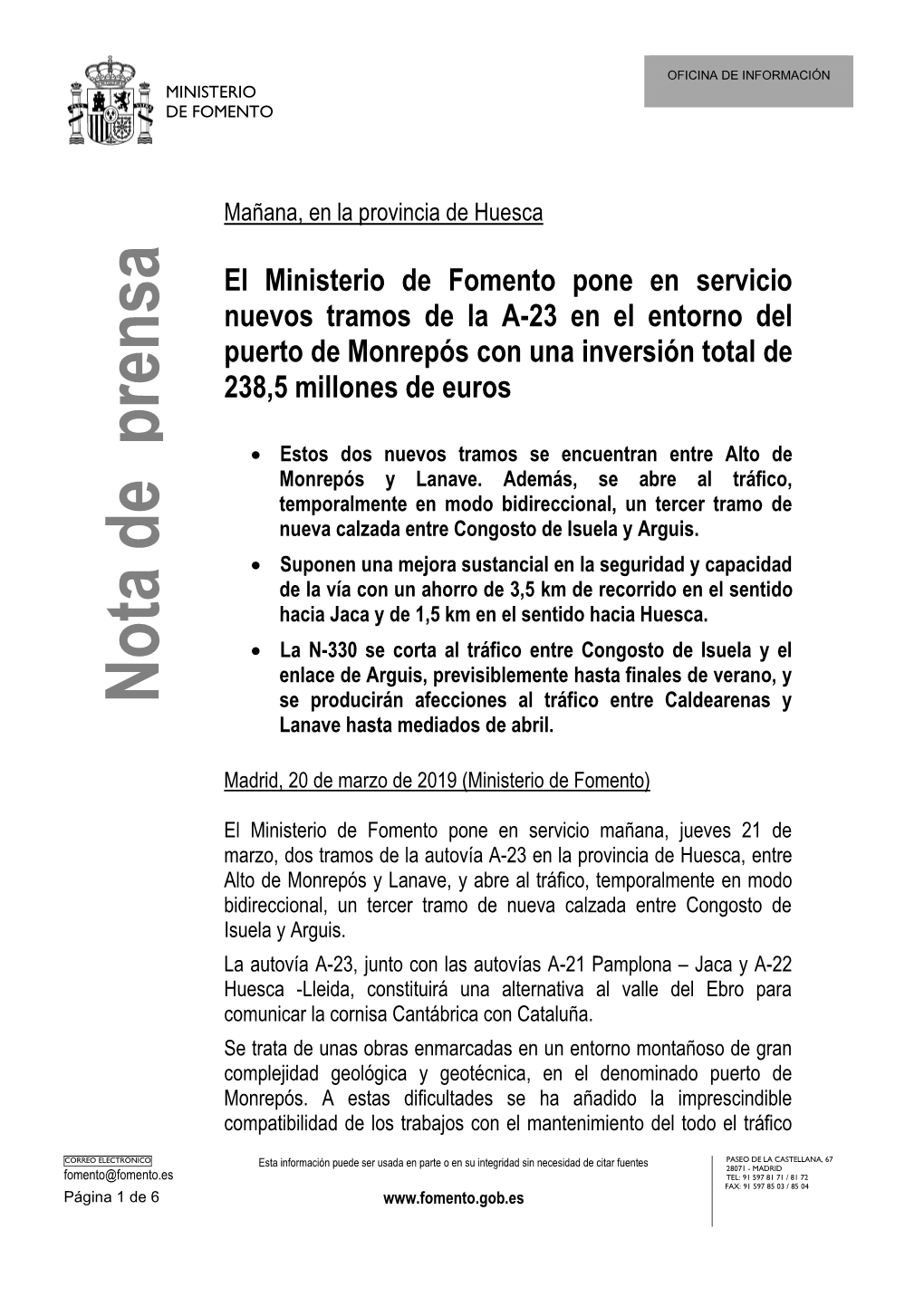 Nota De Prensa Se Producirán Afecciones Al Tráfico Entre Caldearenas Y Lanave Hasta Mediados De Abril