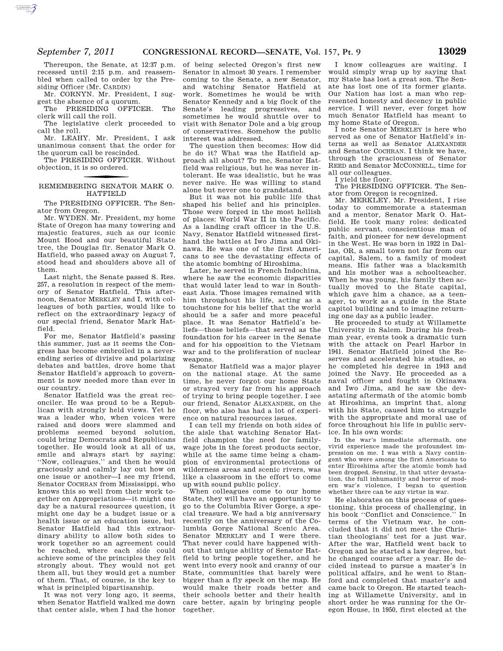 CONGRESSIONAL RECORD—SENATE, Vol. 157, Pt. 9 13029 Thereupon, the Senate, at 12:37 P.M