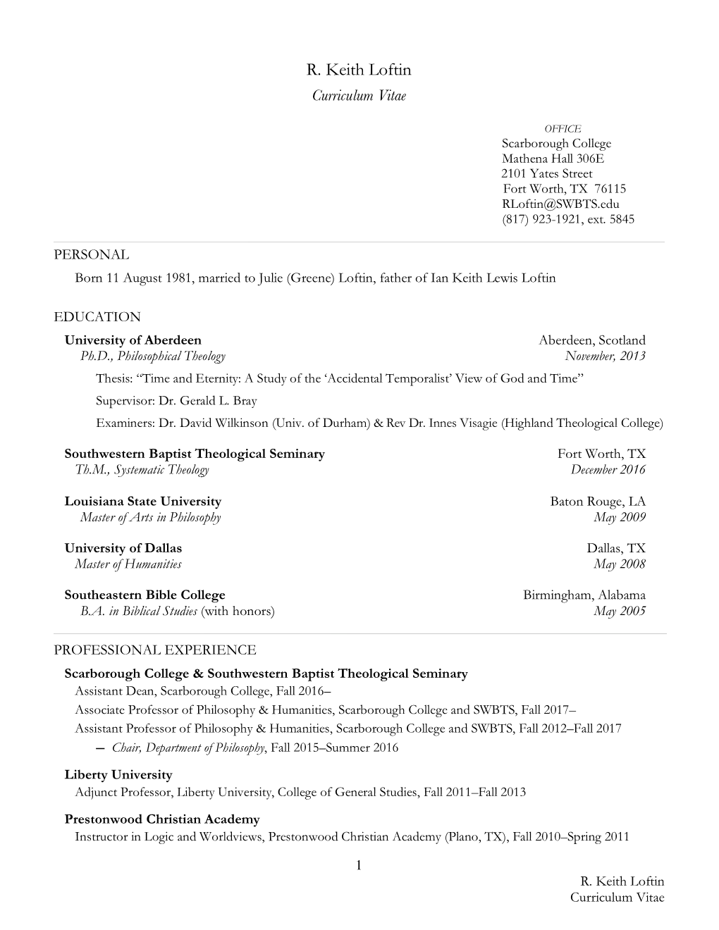 R. Keith Loftin Curriculum Vitae