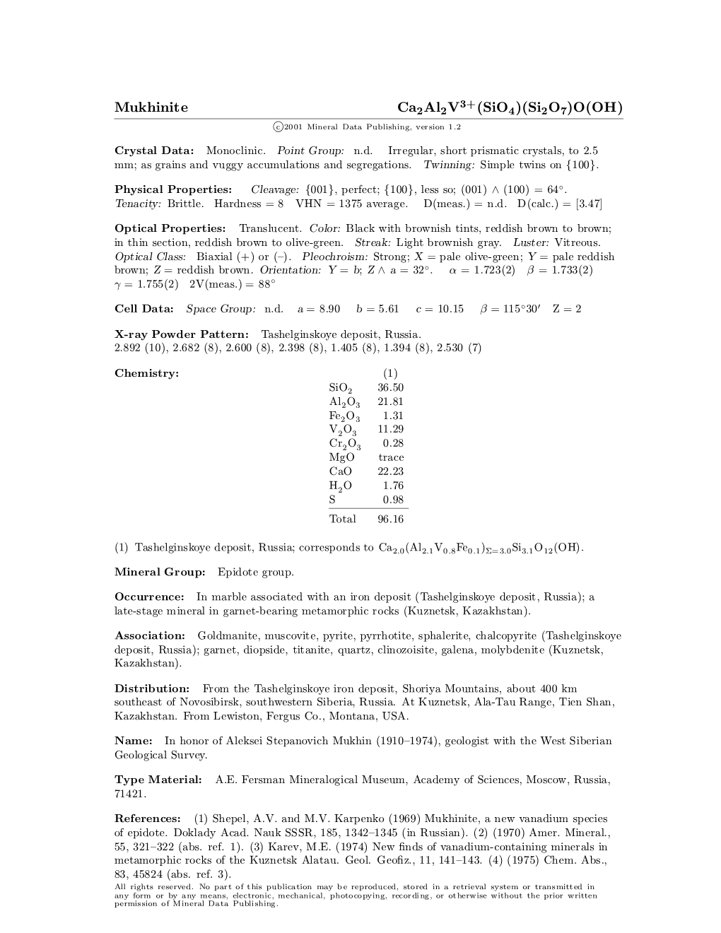 Mukhinite Ca2al2v3+(Sio4)(Si2o7)