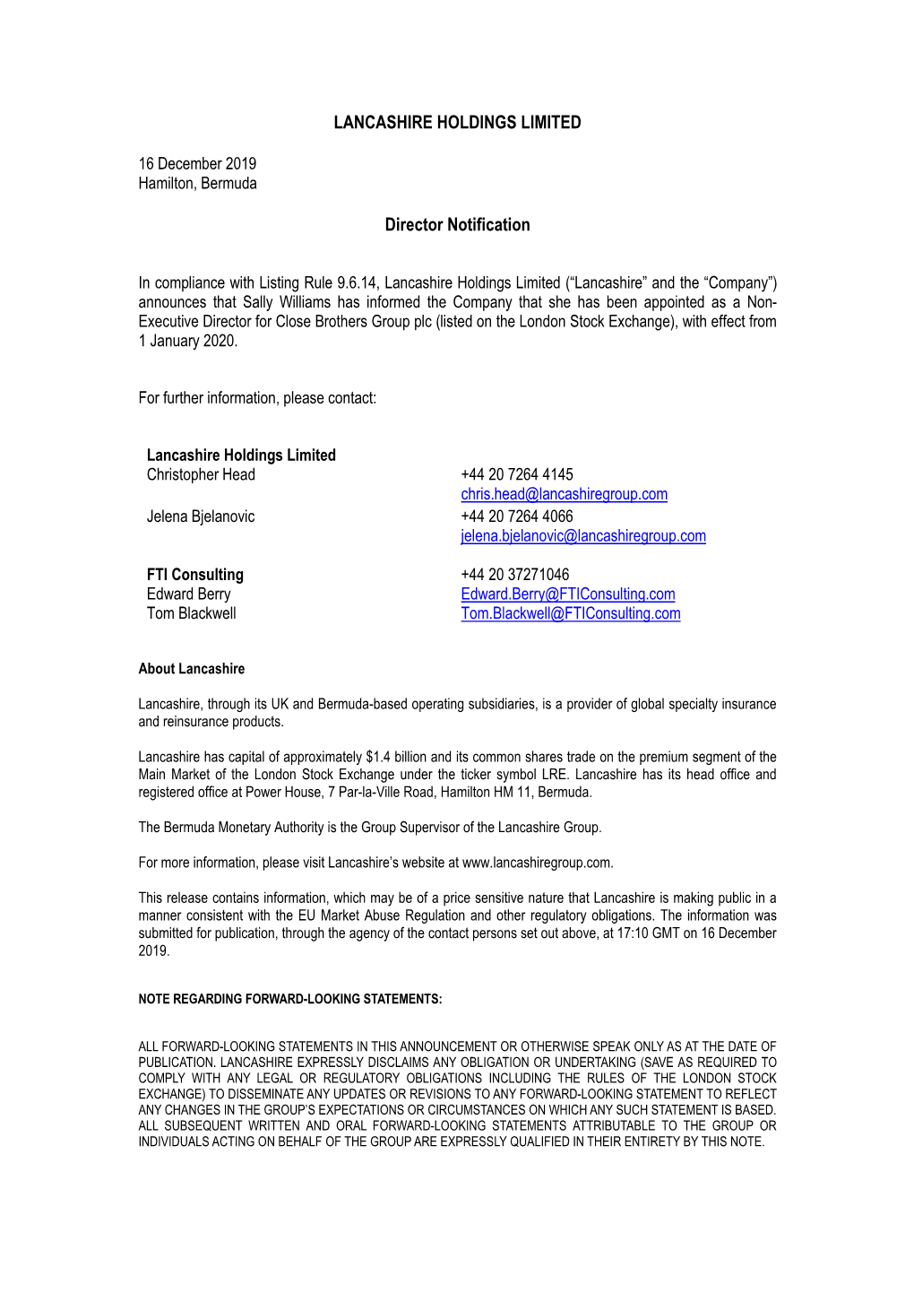 LANCASHIRE HOLDINGS LIMITED Director Notification