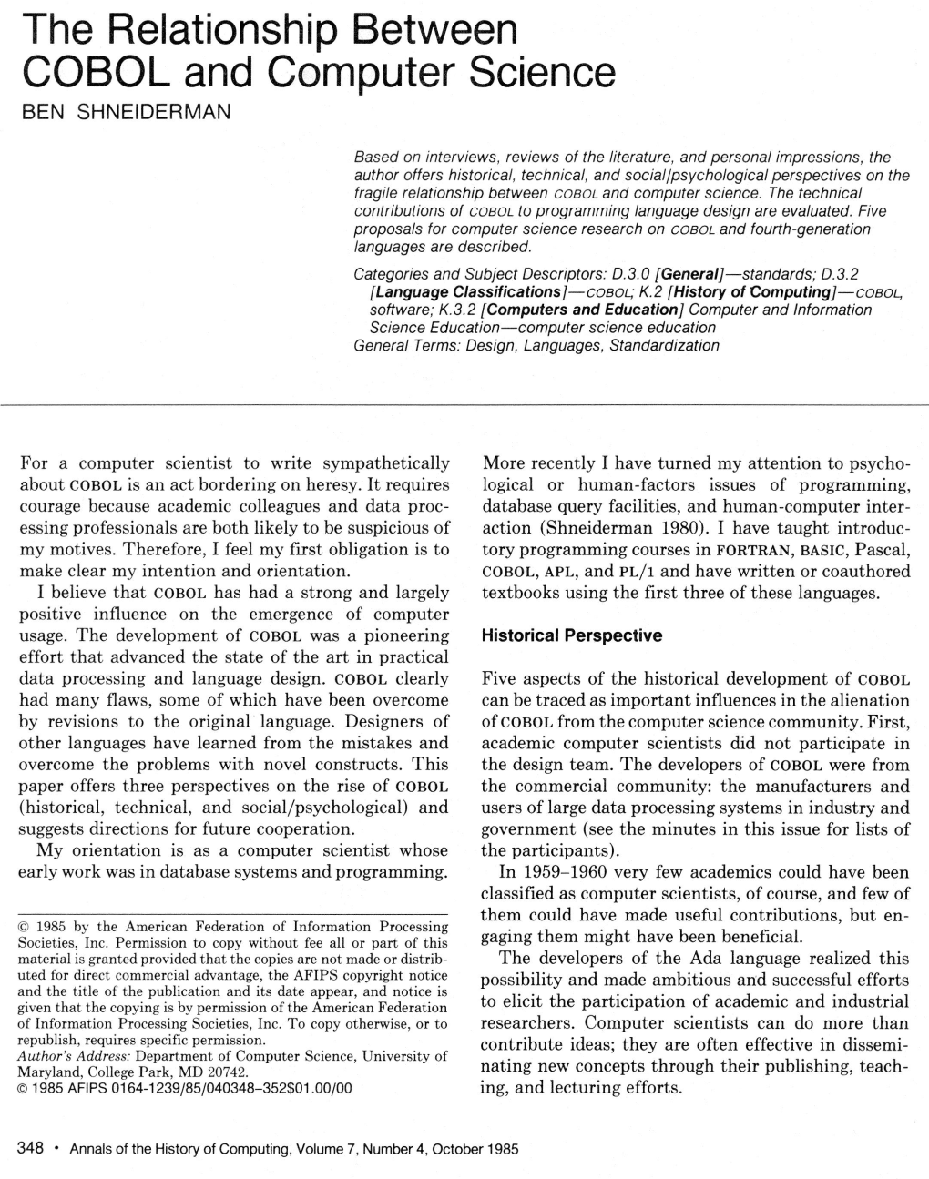 The Relationship Between COBOL and Computer Science BEN SHNEIDERMAN