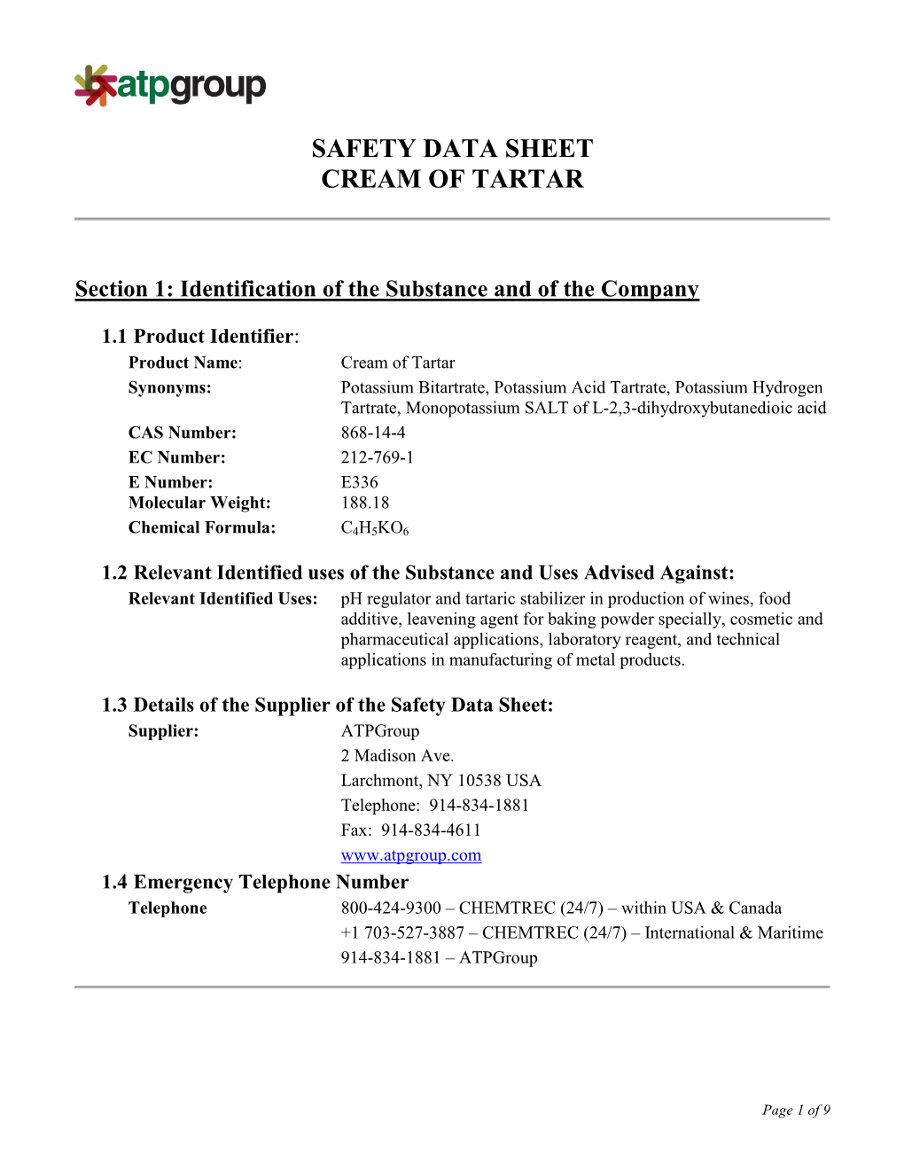 Safety Data Sheet Cream of Tartar