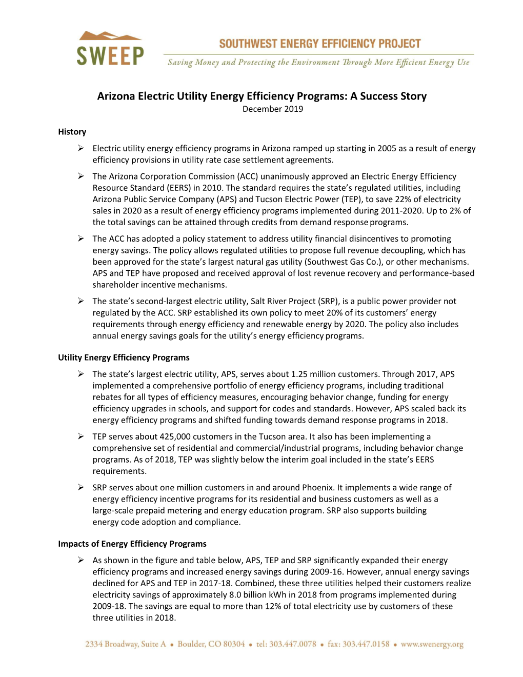 Arizona Electric Utility Energy Efficiency Programs: a Success Story December 2019