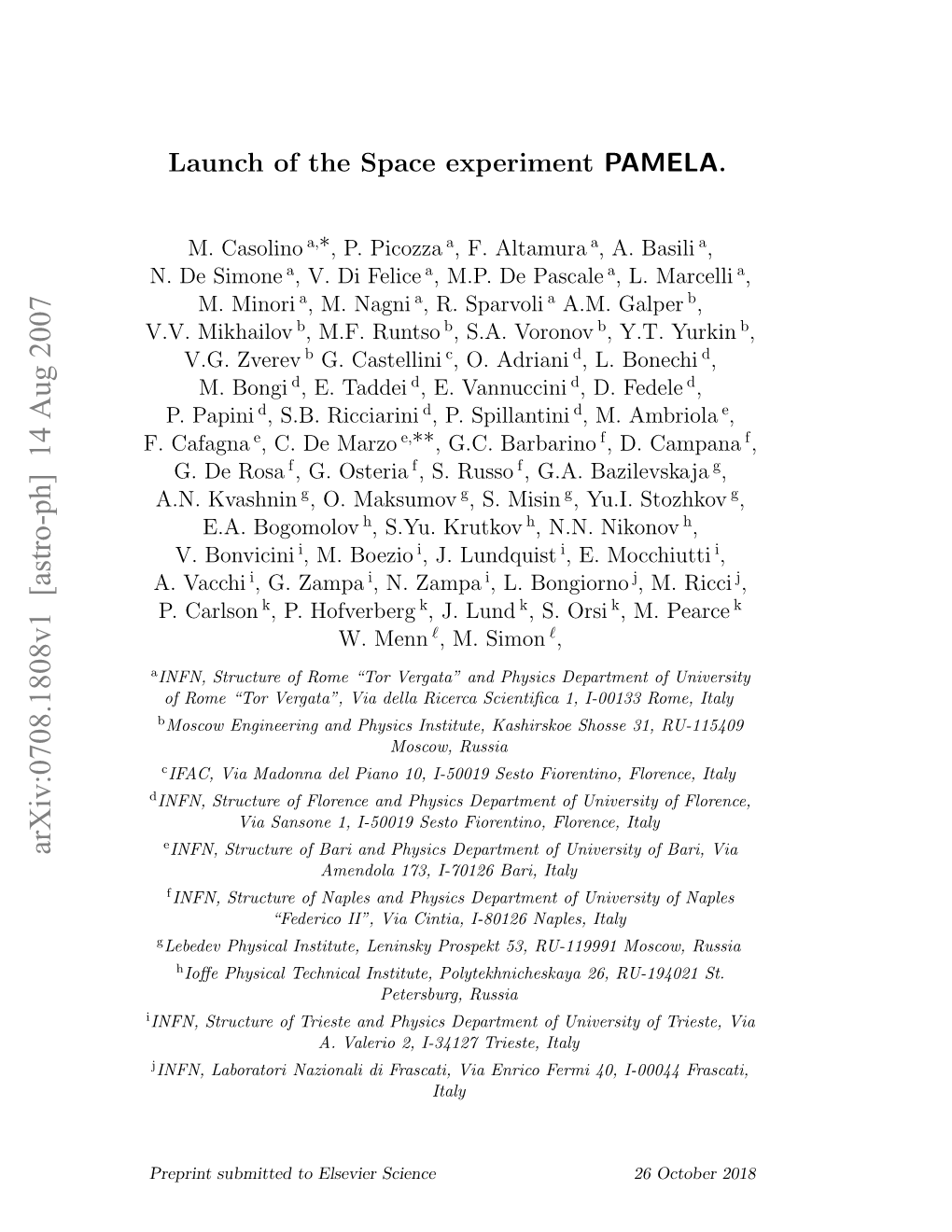 Launch of the Space Experiment PAMELA