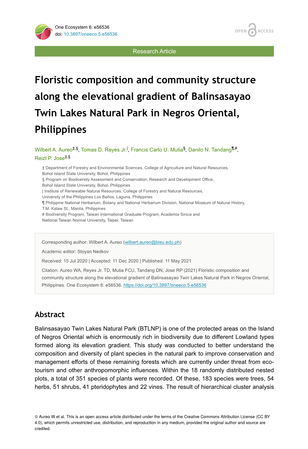 Floristic Composition and Community Structure Along the Elevational Gradient of Balinsasayao Twin Lakes Natural Park in Negros Oriental, Philippines