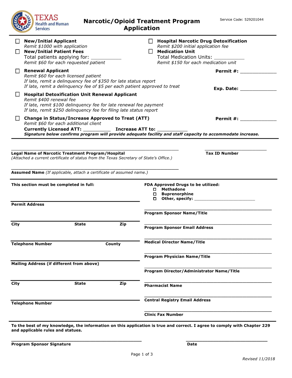 Narcotic/Opioid Treatment Program Application