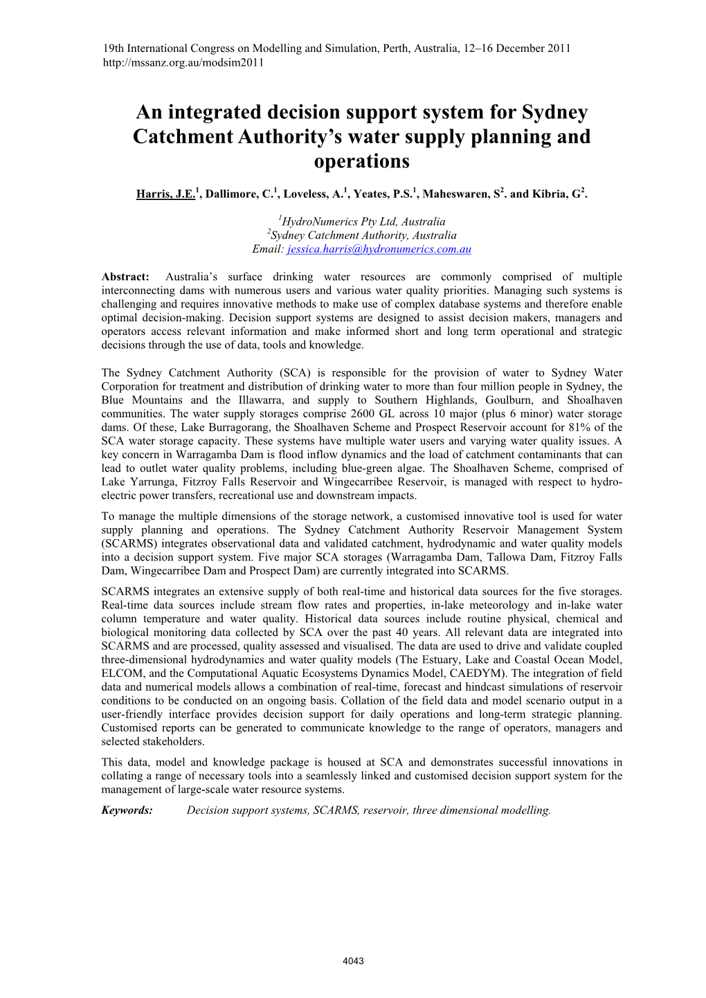 An Integrated Decision Support System for Sydney Catchment Authority S Water Supply Planning and Operations