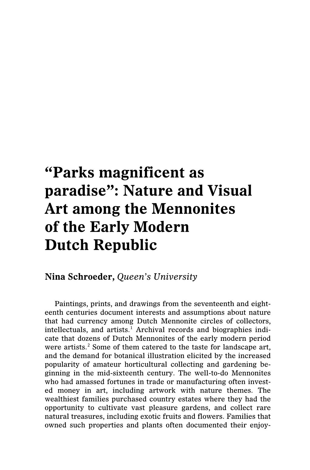 Nature and Visual Art Among the Mennonites of the Early Modern Dutch Republic