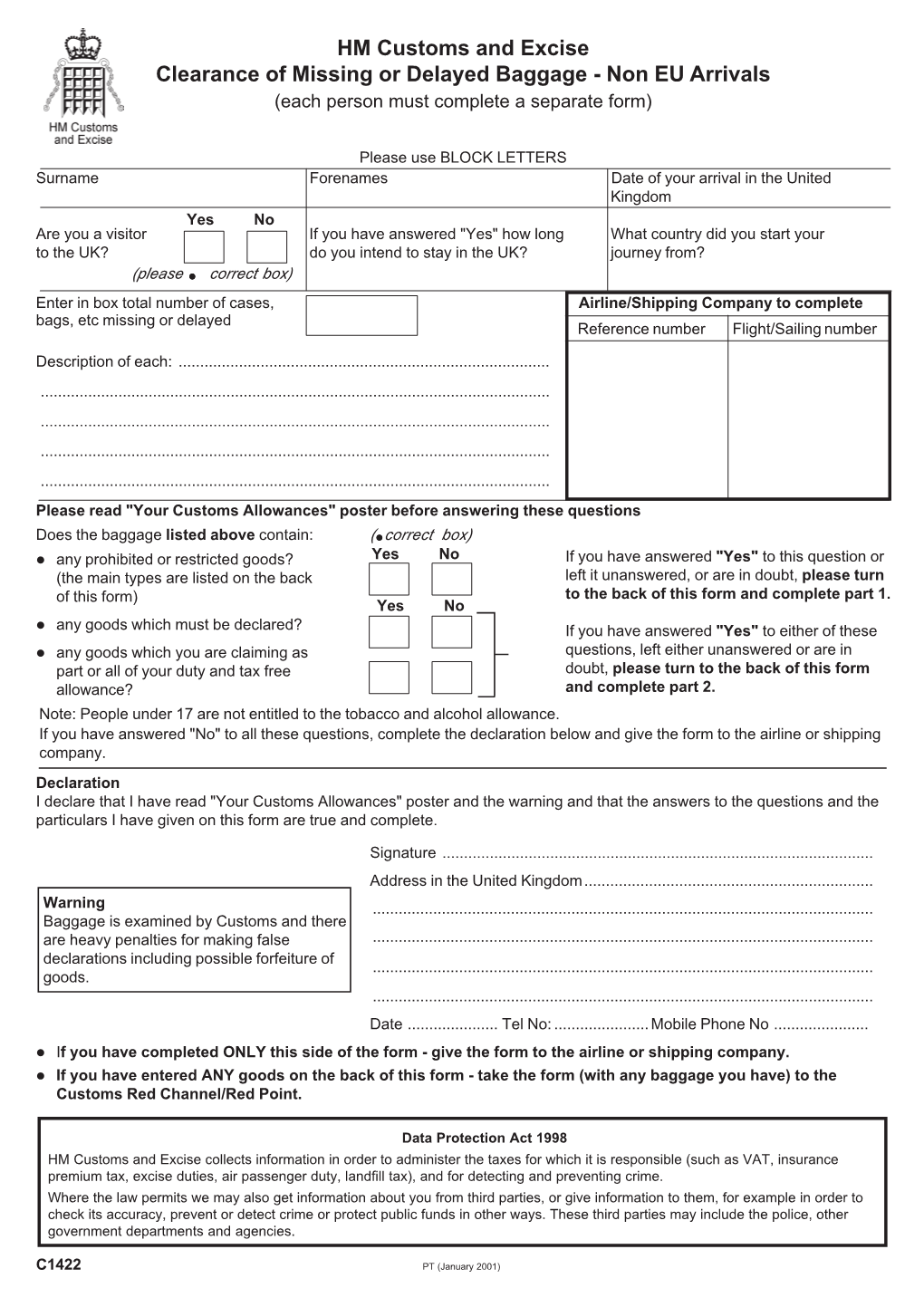 HM Customs and Excise Clearance of Missing Or Delayed Baggage - Non EU Arrivals (Each Person Must Complete a Separate Form)