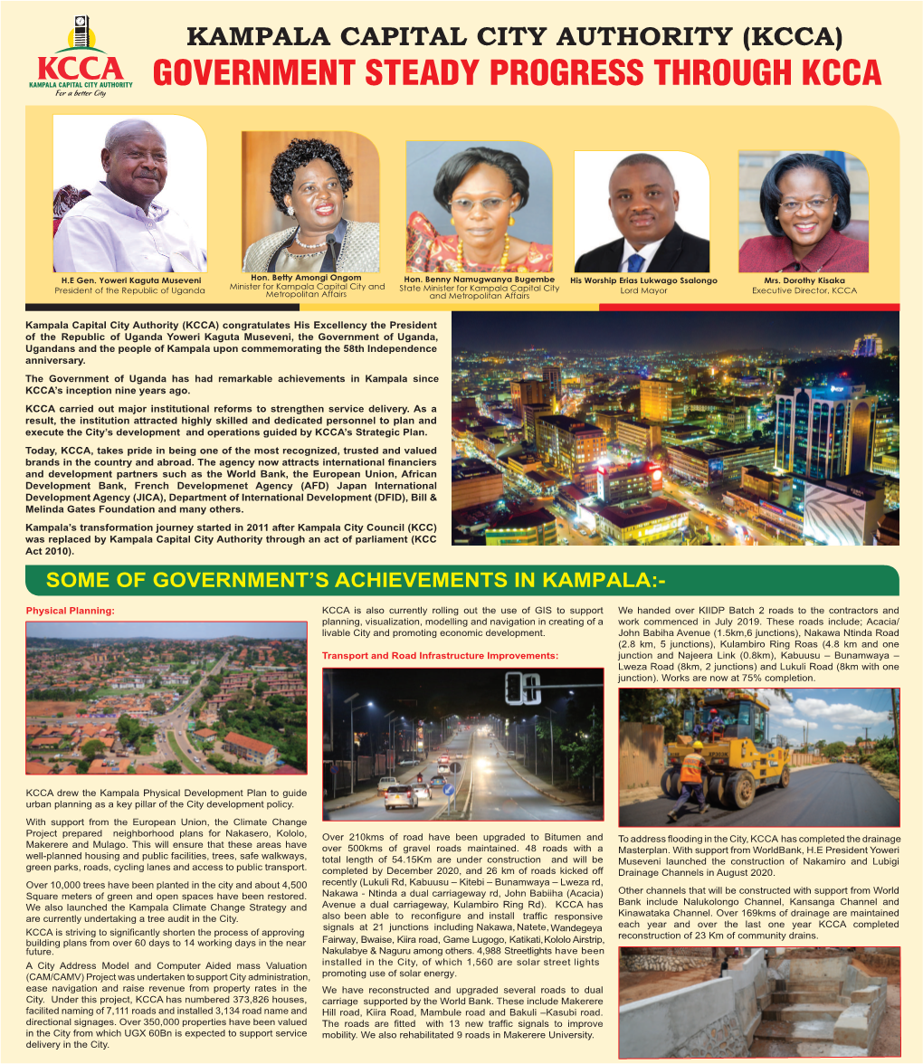 Kampala Capital City Authority (Kcca) Government Steady Progress Through Kcca