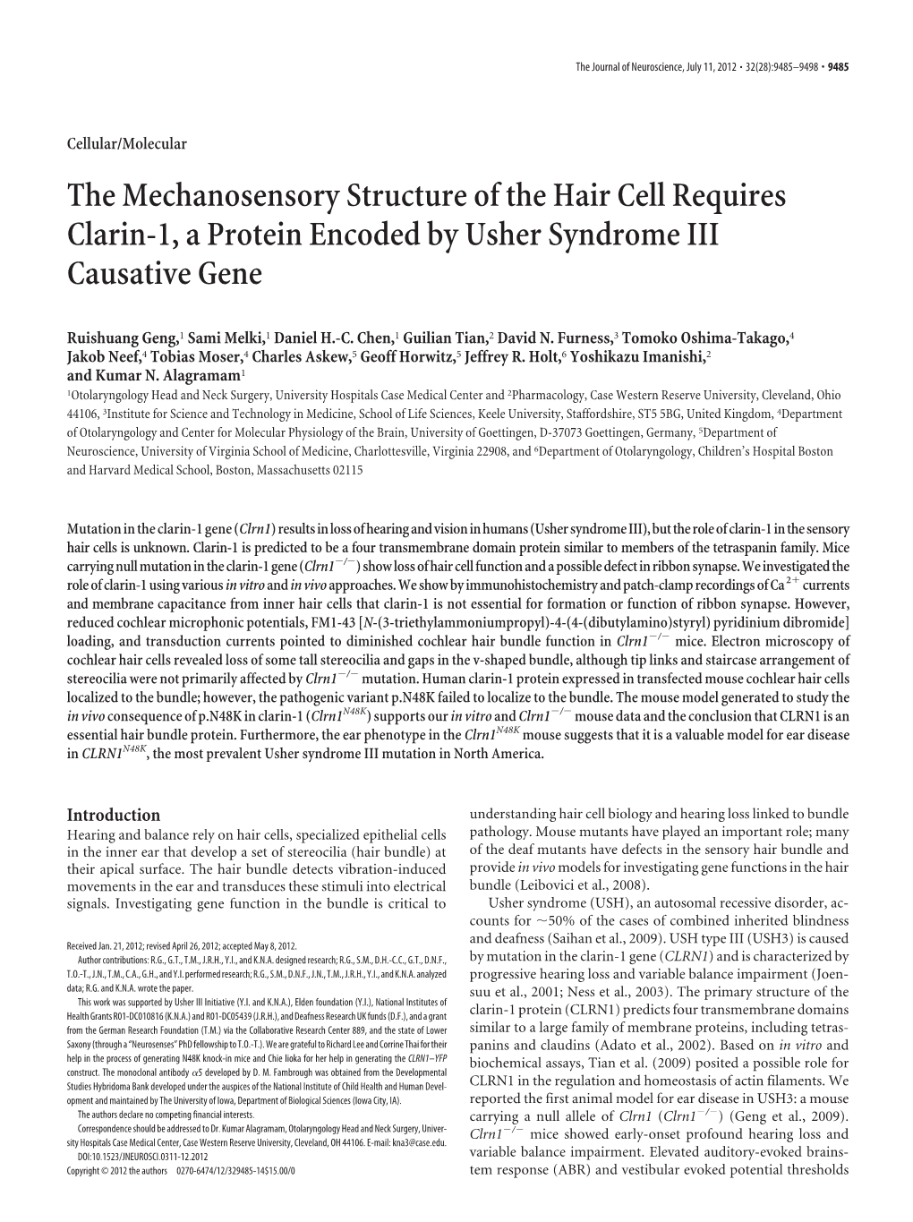 The Mechanosensory Structure of the Hair Cell Requires Clarin-1, a Protein Encoded by Usher Syndrome III Causative Gene