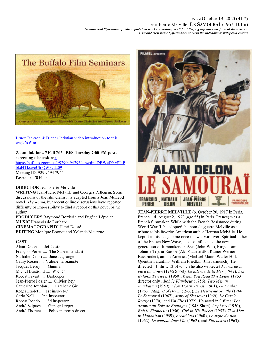 LE SAMOURAÏ (1967, 101M) Spelling and Style—Use of Italics, Quotation Marks Or Nothing at All for Titles, E.G.—Follows the Form of the Sources