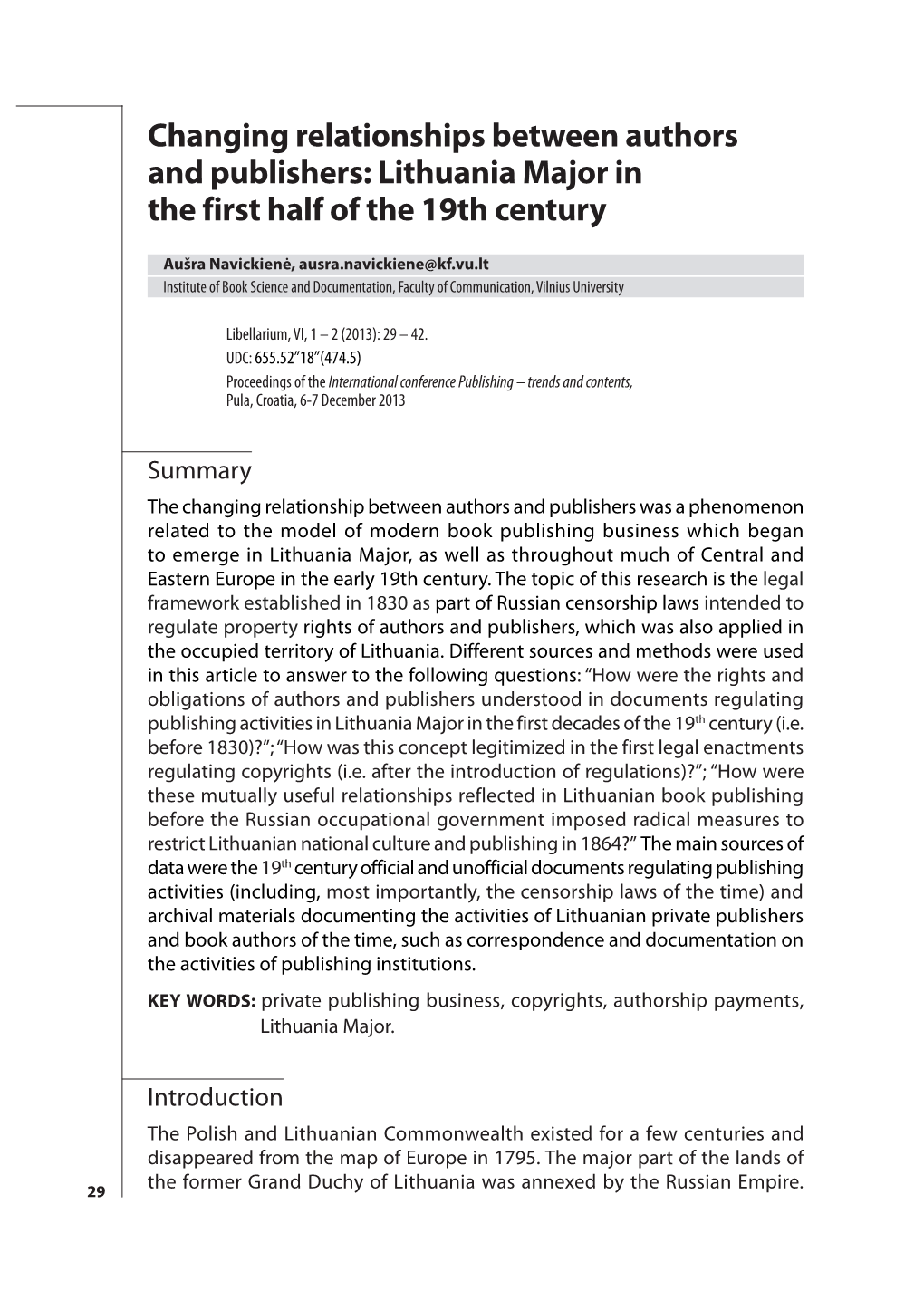 Changing Relationships Between Authors and Publishers: Lithuania Major in the First Half of the 19Th Century