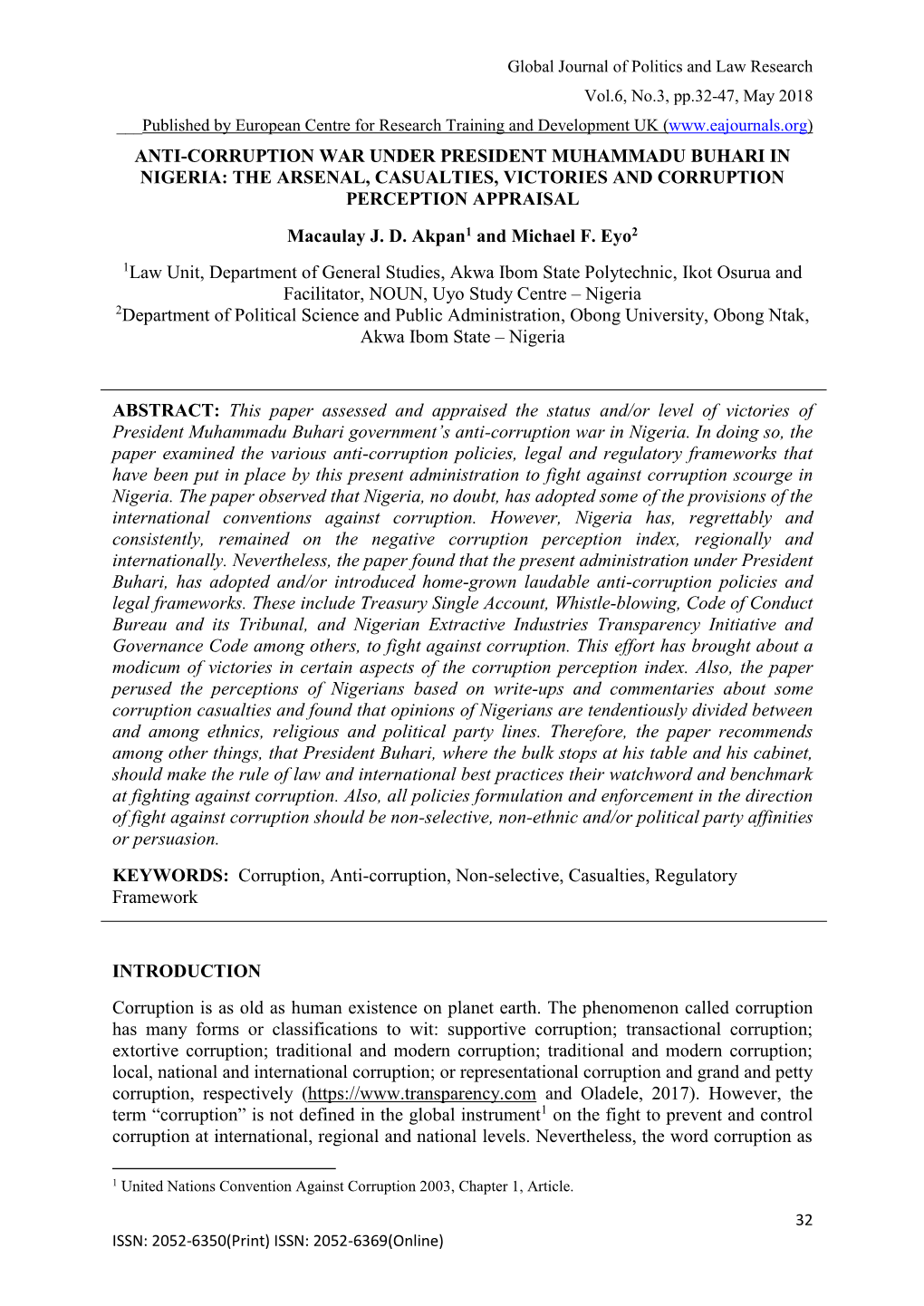 ANTI-CORRUPTION WAR UNDER PRESIDENT MUHAMMADU BUHARI in NIGERIA: the ARSENAL, CASUALTIES, VICTORIES and CORRUPTION PERCEPTION APPRAISAL Macaulay J