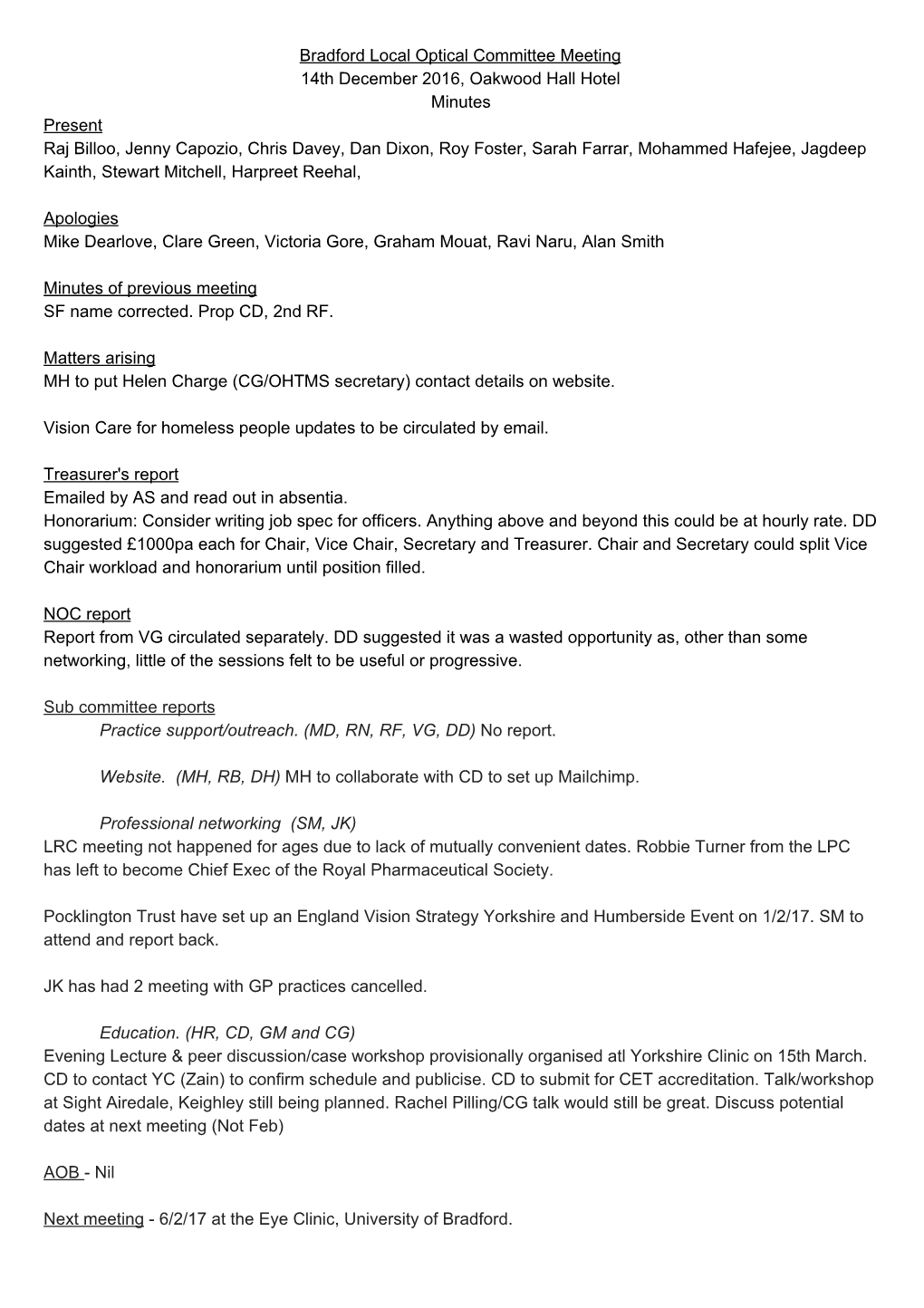 Bradford Local Optical Committee Meeting 14Th December 2016
