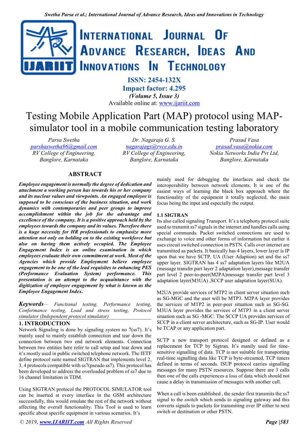 Testing Mobile Application Part (MAP) Protocol Using MAP- Simulator Tool in a Mobile Communication Testing Laboratory Parsa Swetha Dr