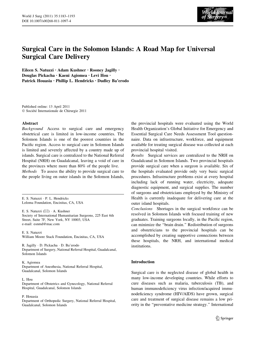 Surgical Care in the Solomon Islands: a Road Map for Universal Surgical Care Delivery