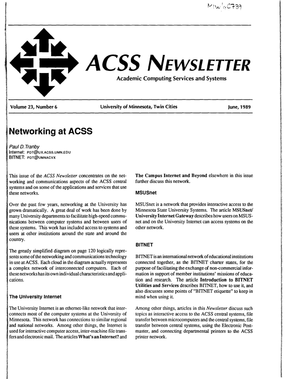 ACSS NEWSLETTER Academic Computing Services and Systems