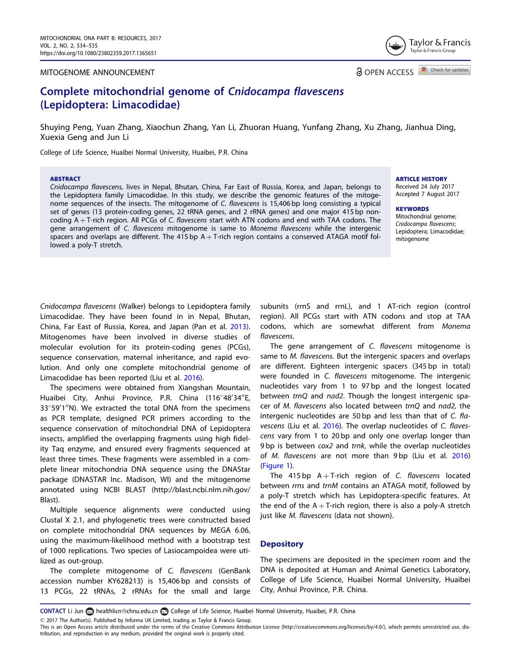 Complete Mitochondrial Genome of Cnidocampa Flavescens (Lepidoptera: Limacodidae)