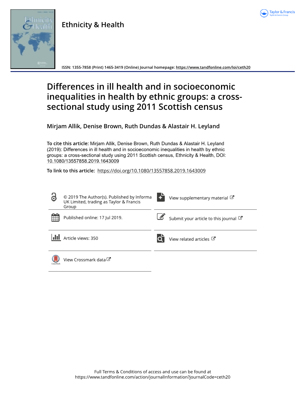 Differences in Ill Health and in Socioeconomic Inequalities in Health by Ethnic Groups: a Cross- Sectional Study Using 2011 Scottish Census