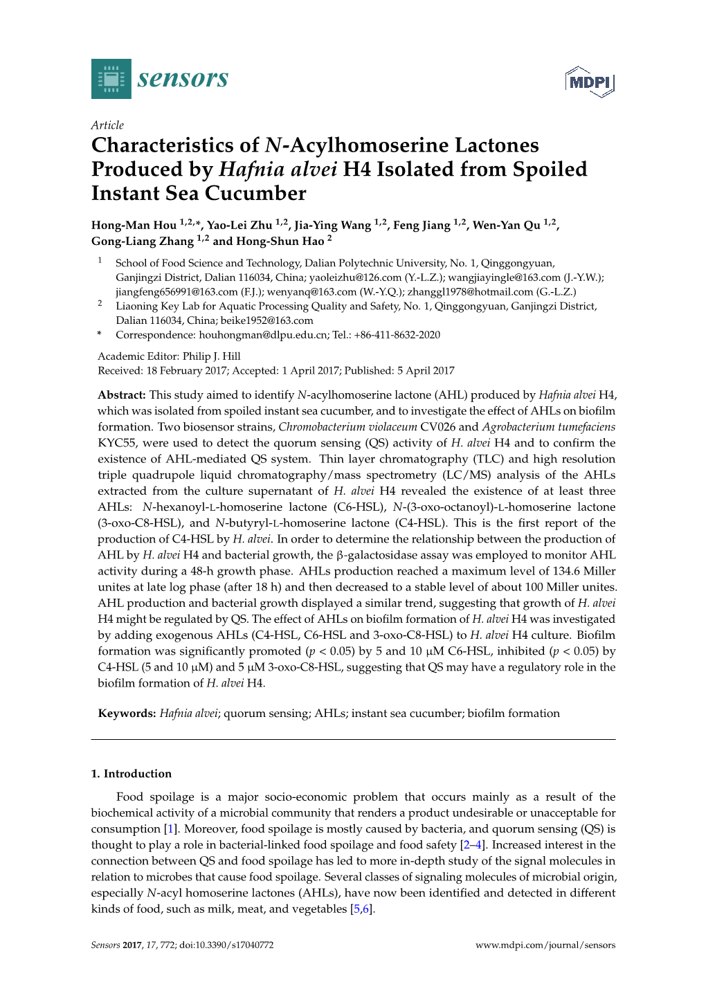Characteristics of N-Acylhomoserine Lactones Produced by Hafnia Alvei H4 Isolated from Spoiled Instant Sea Cucumber-4Pt