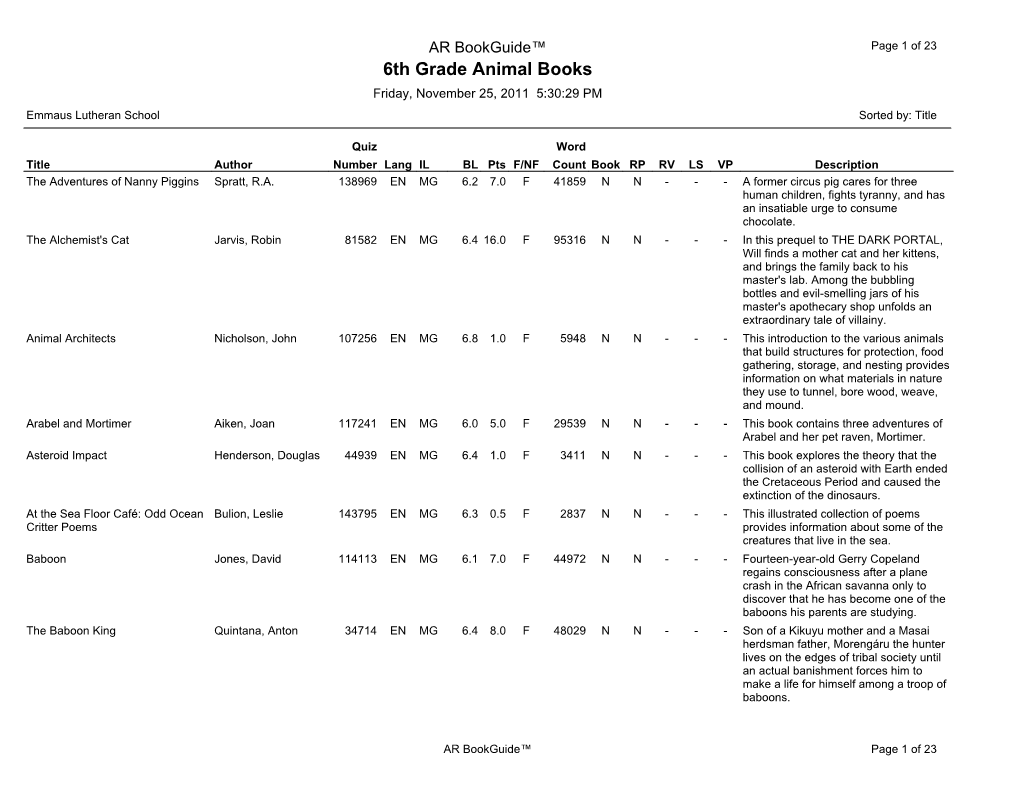 6Th Grade Animal Books Friday, November 25, 2011 5:30:29 PM Emmaus Lutheran School Sorted By: Title