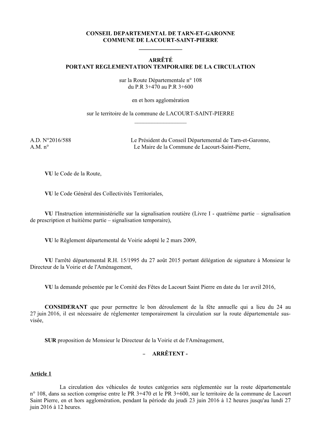 Conseil Departemental De Tarn-Et-Garonne Commune De Lacourt-Saint-Pierre ______