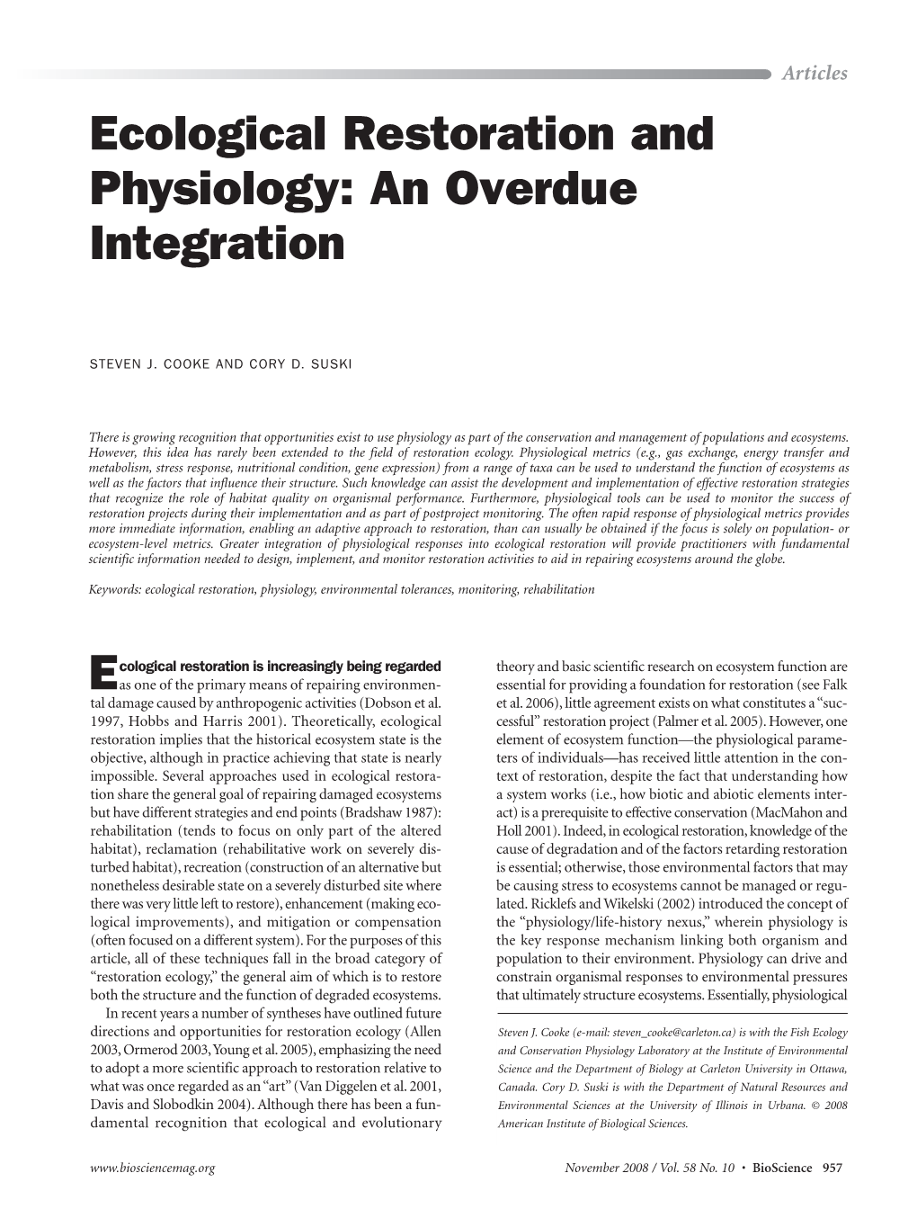 Ecological Restoration and Physiology: an Overdue Integration